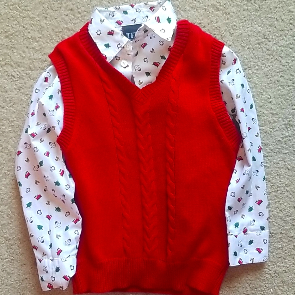 Boys 5 Red Vest and Christmas Button Down Set
